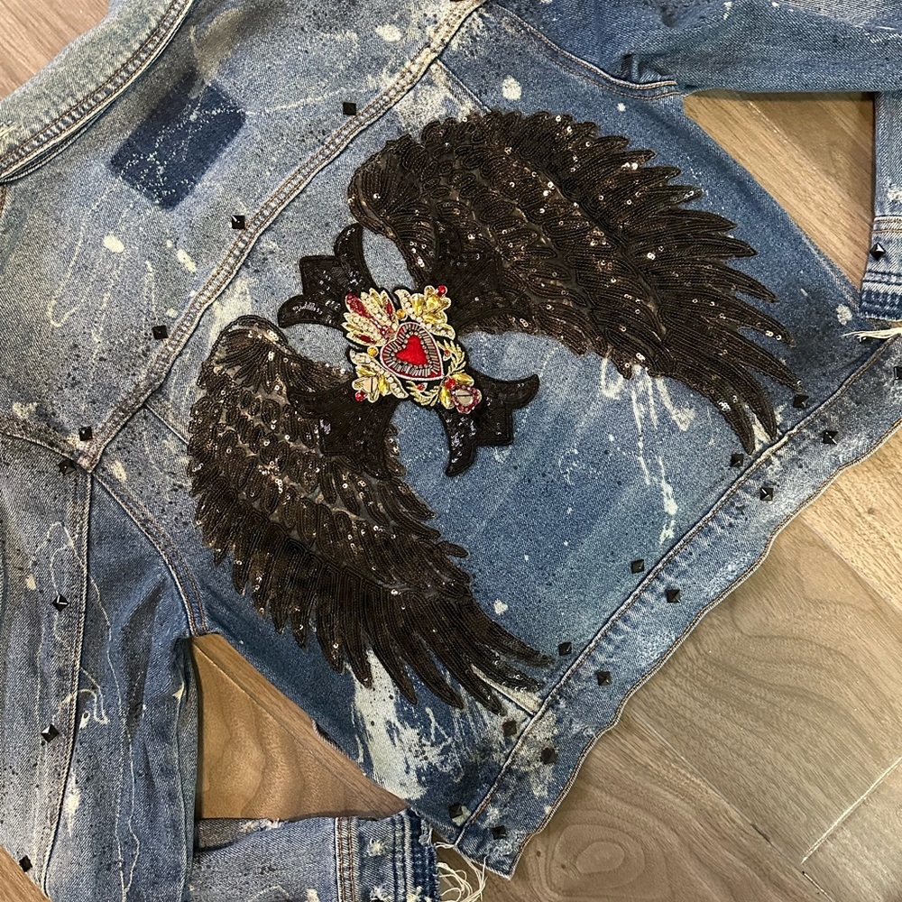 Rhinestone bleach paint denim jacket
